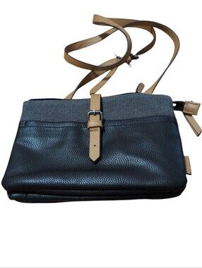 Roots 73 Black Crossbody Bag Tan Strap Pebbled Faux Leather Everyday Purse